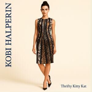 Kobi Halperin Mix Animal Print Silk Sheath Dress Gold Button Black Multi XS NWT